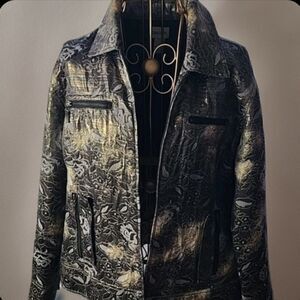 Metallic Gold Floral Zip Jacket With Pockets Shimmery